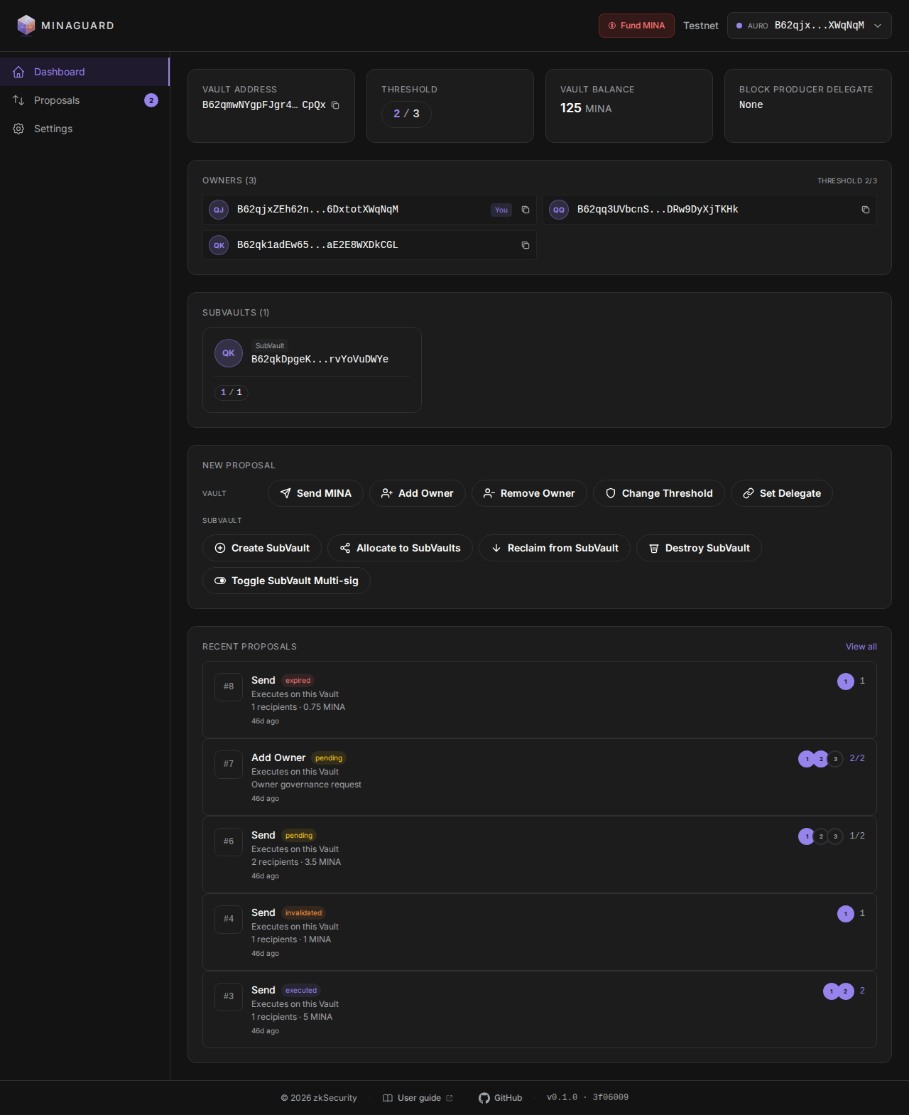 A MinaGuard vault dashboard